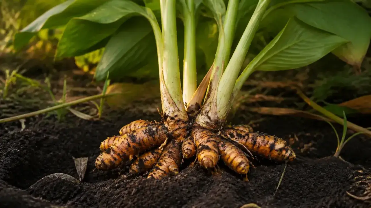 Frisch geerntete Kurkumawurzeln im Boden. Die richtige kurkuma pflanze pflege sorgt für gesunde Rhizome.
