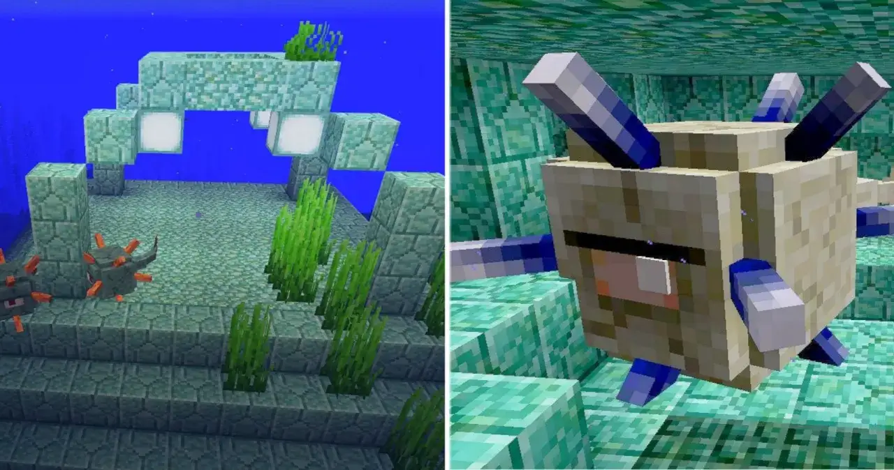 Podwodna budowla z Minecrafta, gdzie strażnicy pilnują wejścia. Wydajność pod wodą MC jest kluczowa dla przetrwania.