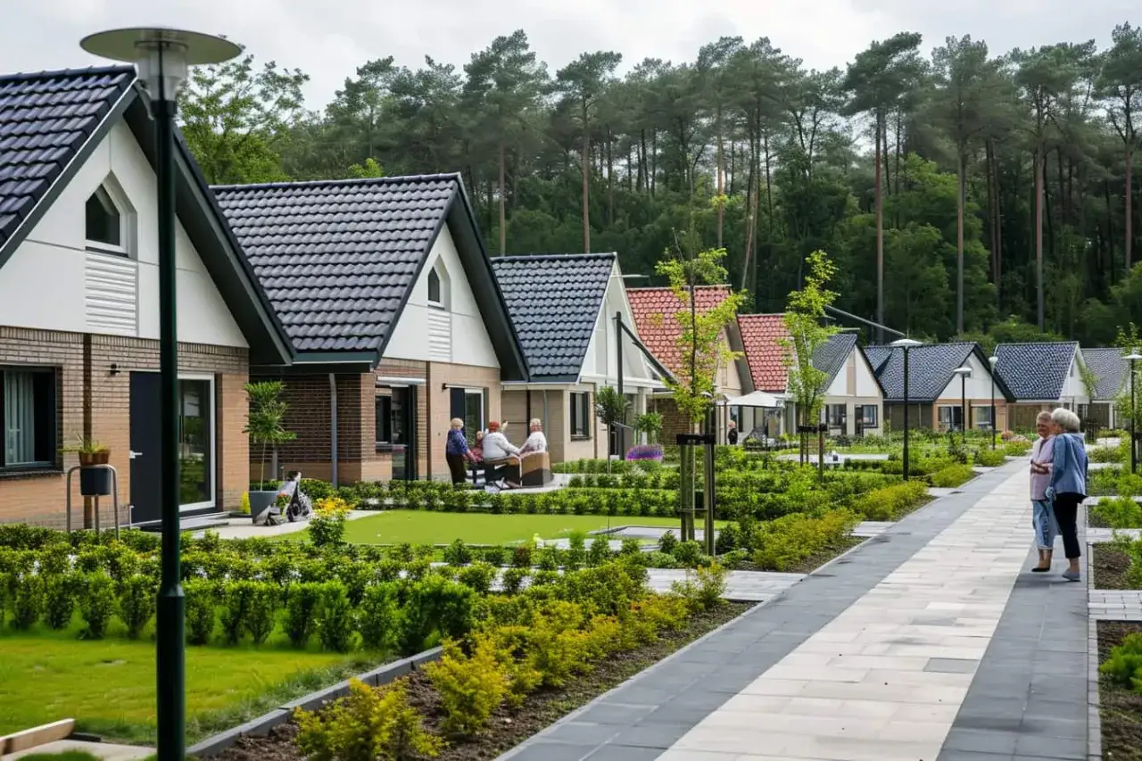 Un village de maisons individuelles pour seniors, avec des résidents profitant du jardin.