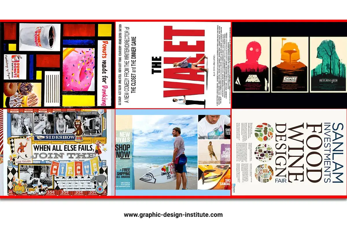 A collage of graphic design pictures, featuring movie posters, advertisements for donuts, a circus theme, surfwear, and a wine and food fair.
