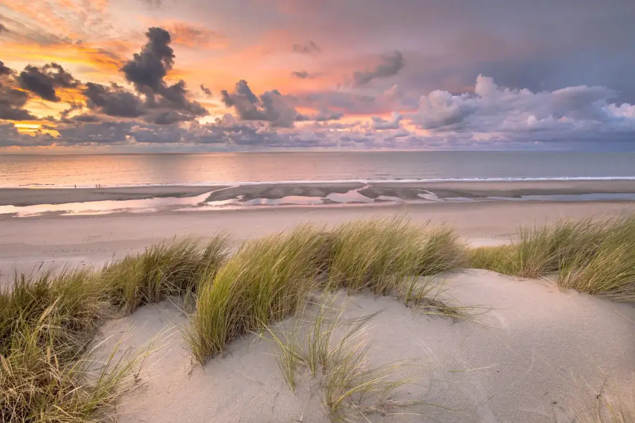 Sonnenuntergang &uuml;ber den D&uuml;nen einer der Nordseeinseln. Gr&auml;ser wiegen sich im Wind, w&auml;hrend der Himmel in warmen Farben leuchtet.