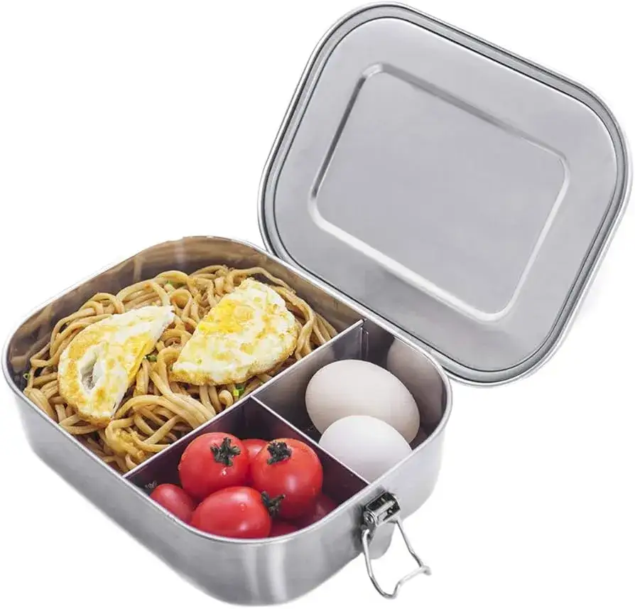 fiambrera de acero inoxidable con comida saludable dentro