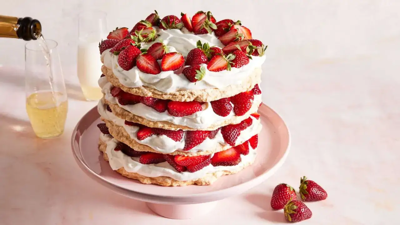 Wielowarstwowy tort bezowy z mascarpone i truskawkami, ozdobiony świeżymi owocami. Obok nalewane szampan.