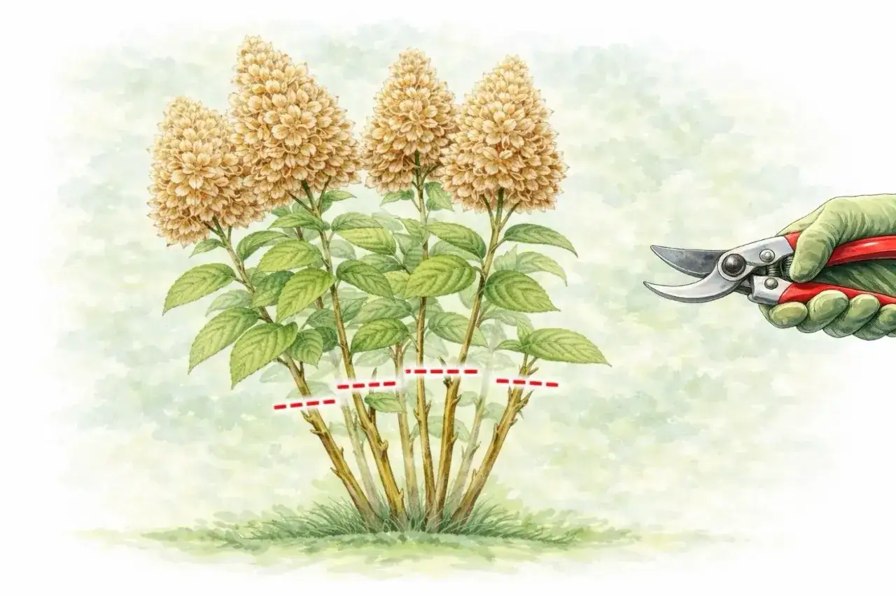 Gartenhandschuh hält Gartenschere bereit, um die verblühten Rispenhortensien zu schneiden. Rote Striche markieren die Schnittstellen.
