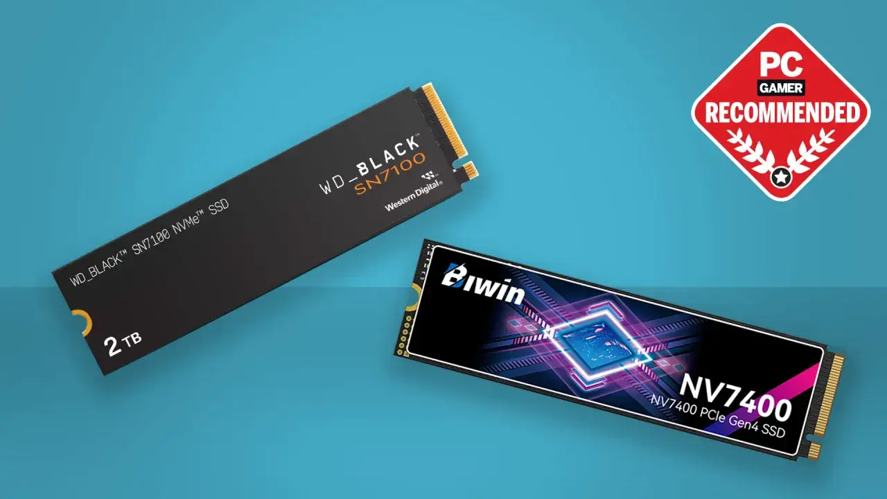 Deux SSD NVMe, un WD_BLACK SN7100 et un Biwin NV7400, sont présentés sur fond bleu. Un badge