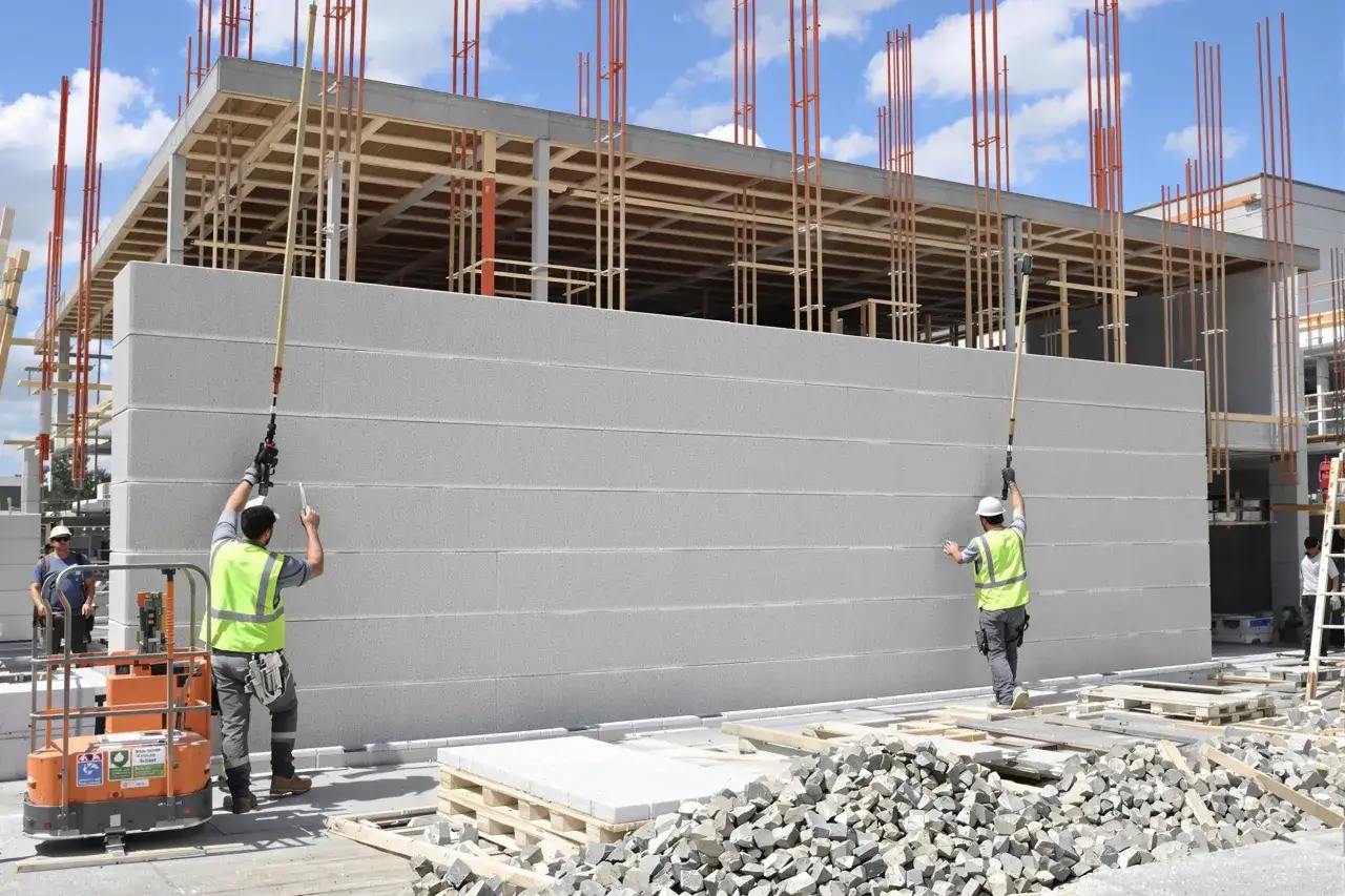 Deux ouvriers travaillent sur un chantier, l'un sur une nacelle, devant un grand mur en béton cellulaire.