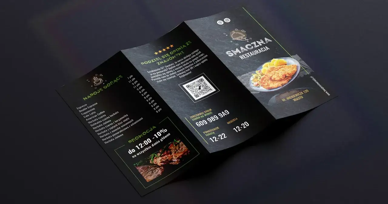 Ulotka restauracji z menu napojów gorących, promocją i daniem głównym. Możliwość rezerwacji stolika i zamówień na wynos. Dania a la carte dostępne w ofercie.