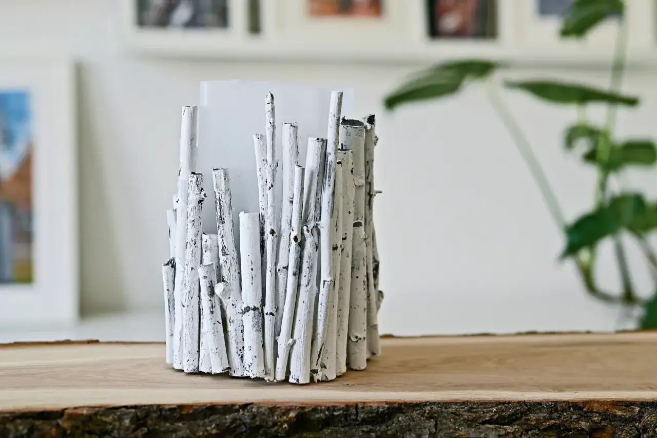 Portacandele fai da te con rametti bianchi, un'idea creativa per abbellire casa con stile naturale.
