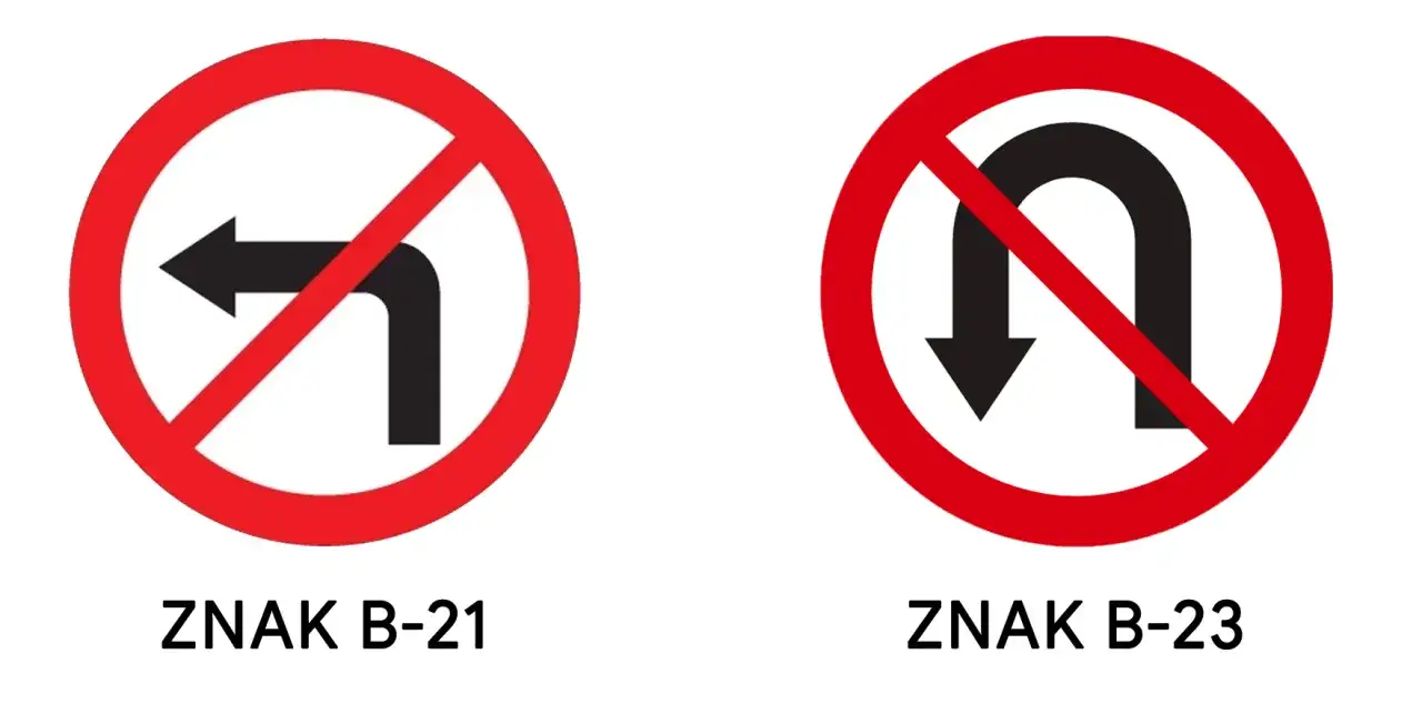 Dwa znaki drogowe: zakaz skrętu w lewo i zakaz zawracania na drodze dwujezdniowej.
