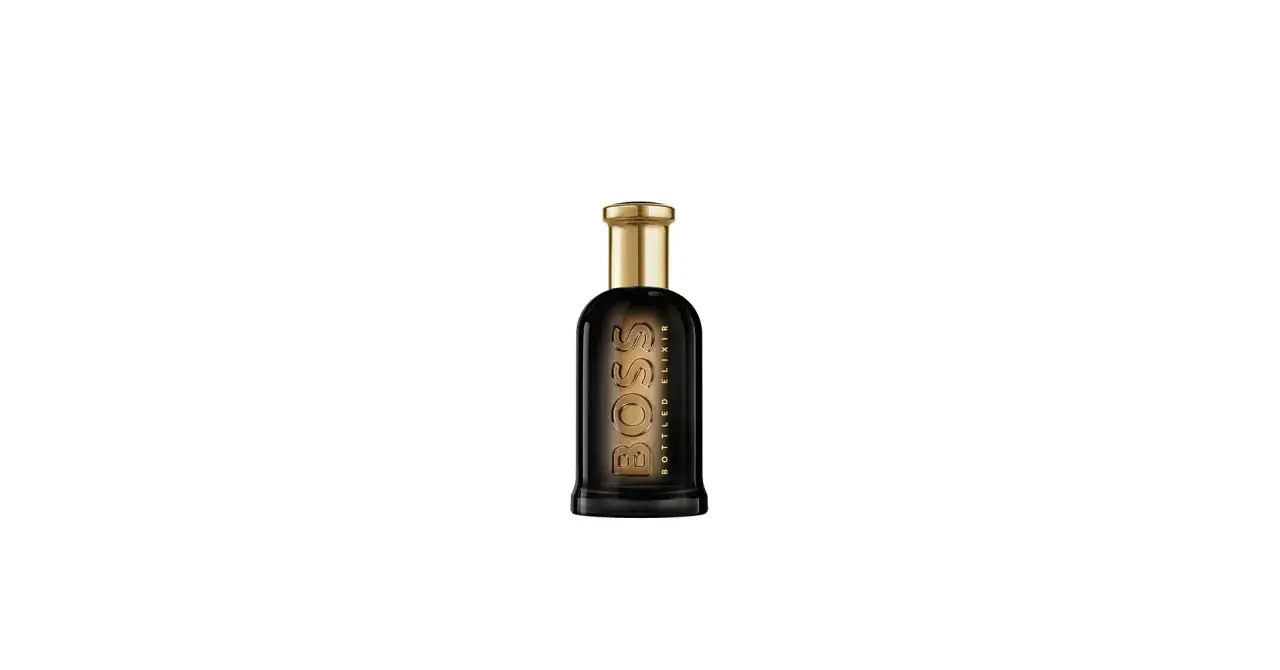 Elegancka butelka perfum Hugo Boss Bottled Oud Elixir z ciemnego szkła i złotym korkiem.