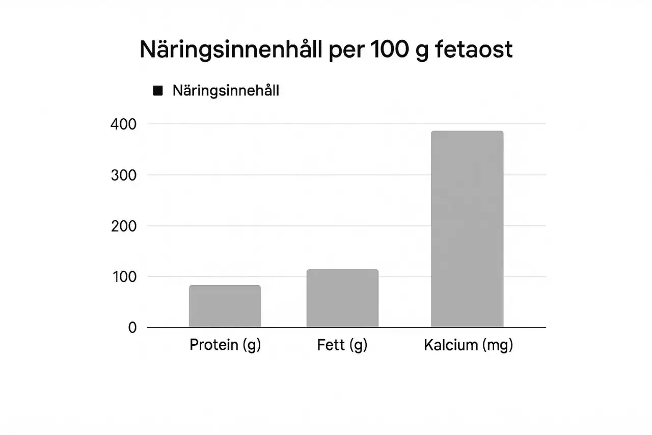 Diagram visar n&auml;ringsinneh&aring;ll per 100g fetaost. Fettinneh&aring;llet &auml;r h&ouml;gst, vilket bidrar till fetaostens kalorier.