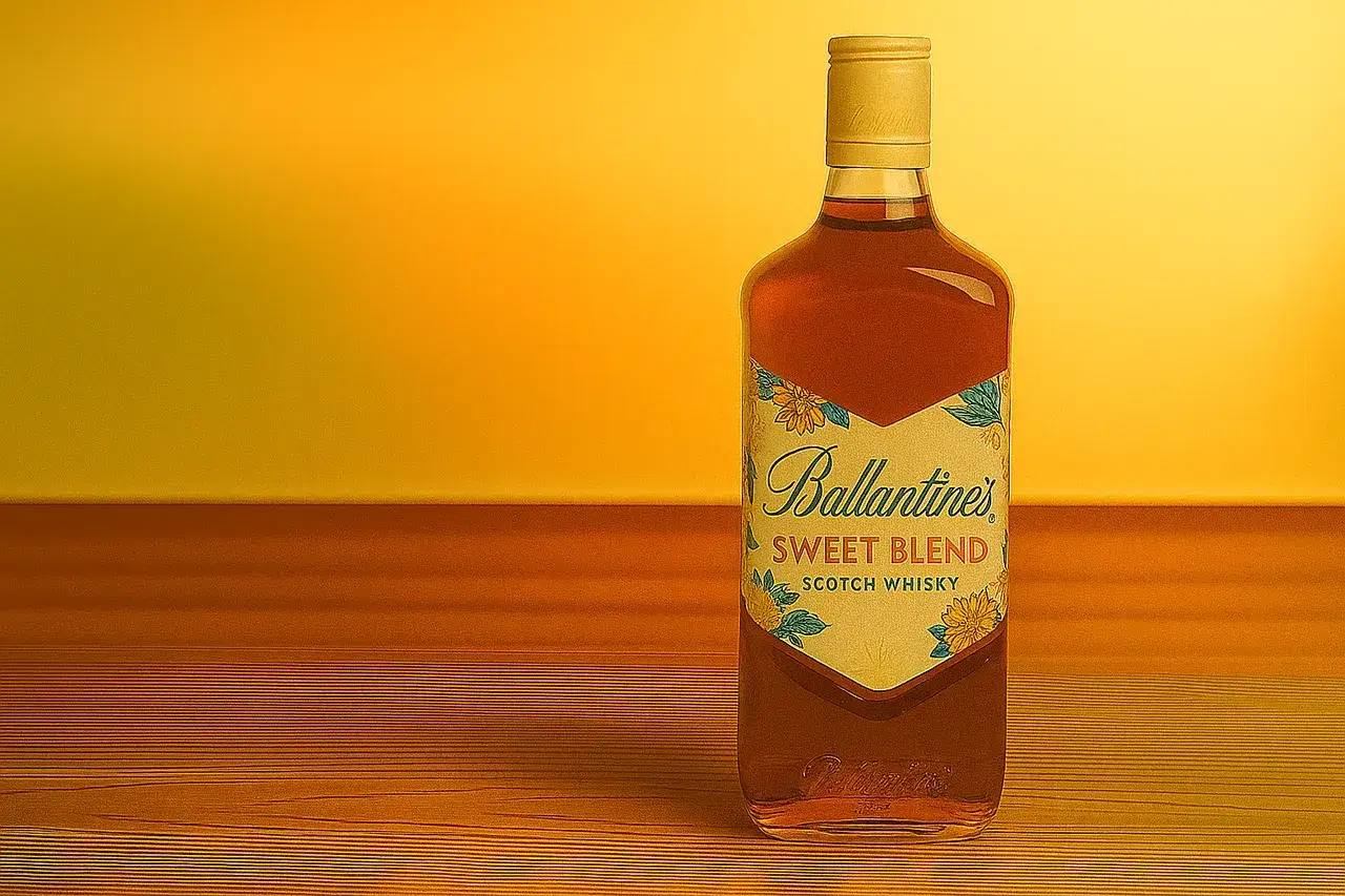 Butelka Ballantines Sweet Blend na drewnianym blacie, w tle ciepłe, żółte światło.
