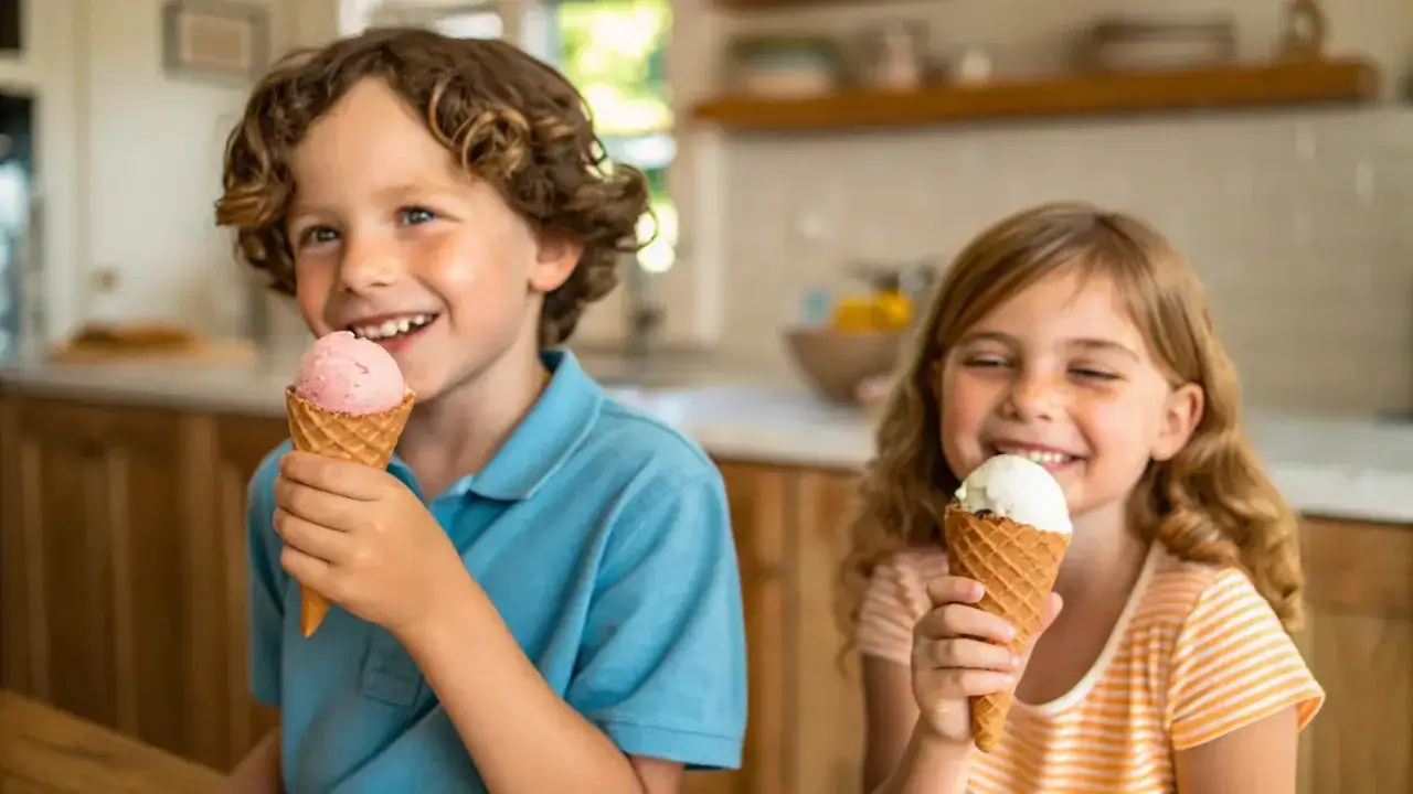Zwei glückliche Kinder genießen selbstgemachtes Eis in Waffeln. Perfekt für eis selber machen mit kindern ohne eismaschine!