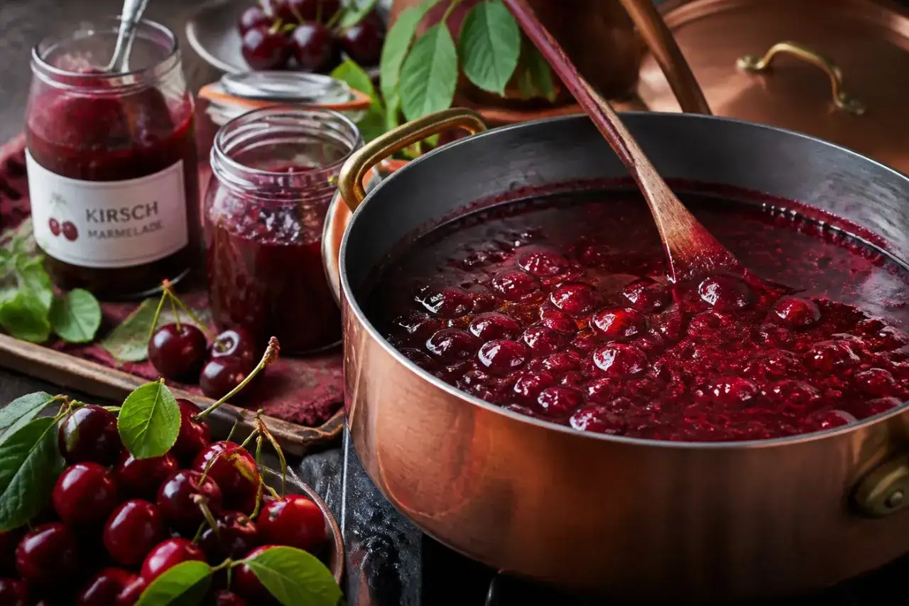 Frisch gekochte Kirsch Marmelade blubbert in einem Kupfertopf. Daneben stehen Gl&auml;ser mit fertiger Marmelade und frische Kirschen.