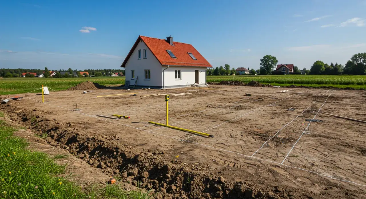 Plac budowy domu szkieletowego bez pozwolenia. Widać fundamenty, zarys domu i gotowy budynek w tle.
