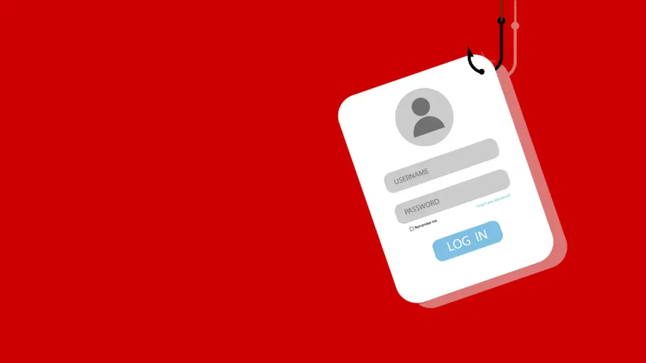 Ein Login-Formular wird von einem Angelhaken erfasst, der einen **phishing attack** symbolisiert.