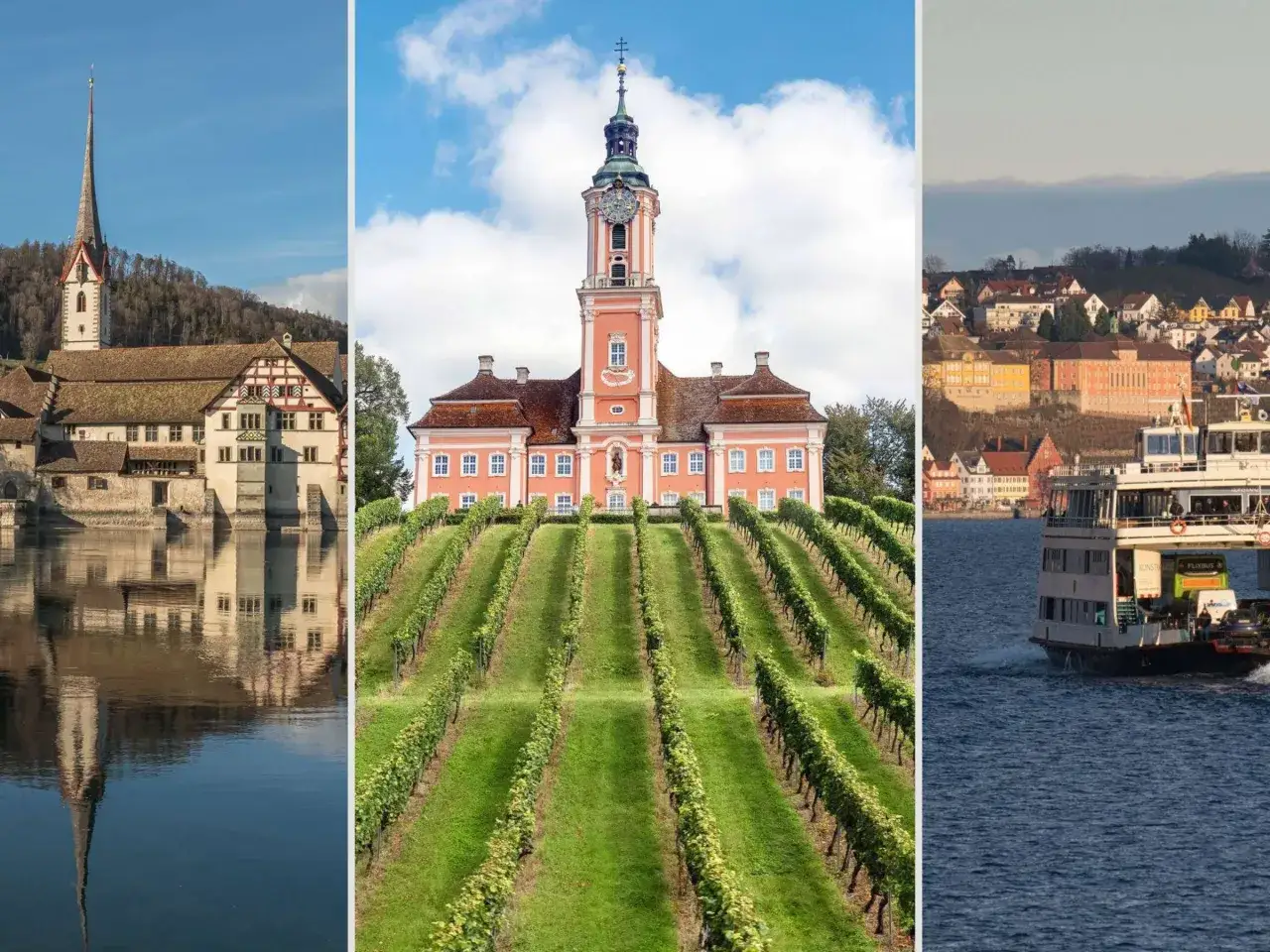 Drei malerische Orte am Bodensee: ein historisches Gebäude am Wasser, eine Kirche mit Weinberg und eine Fähre auf dem See.