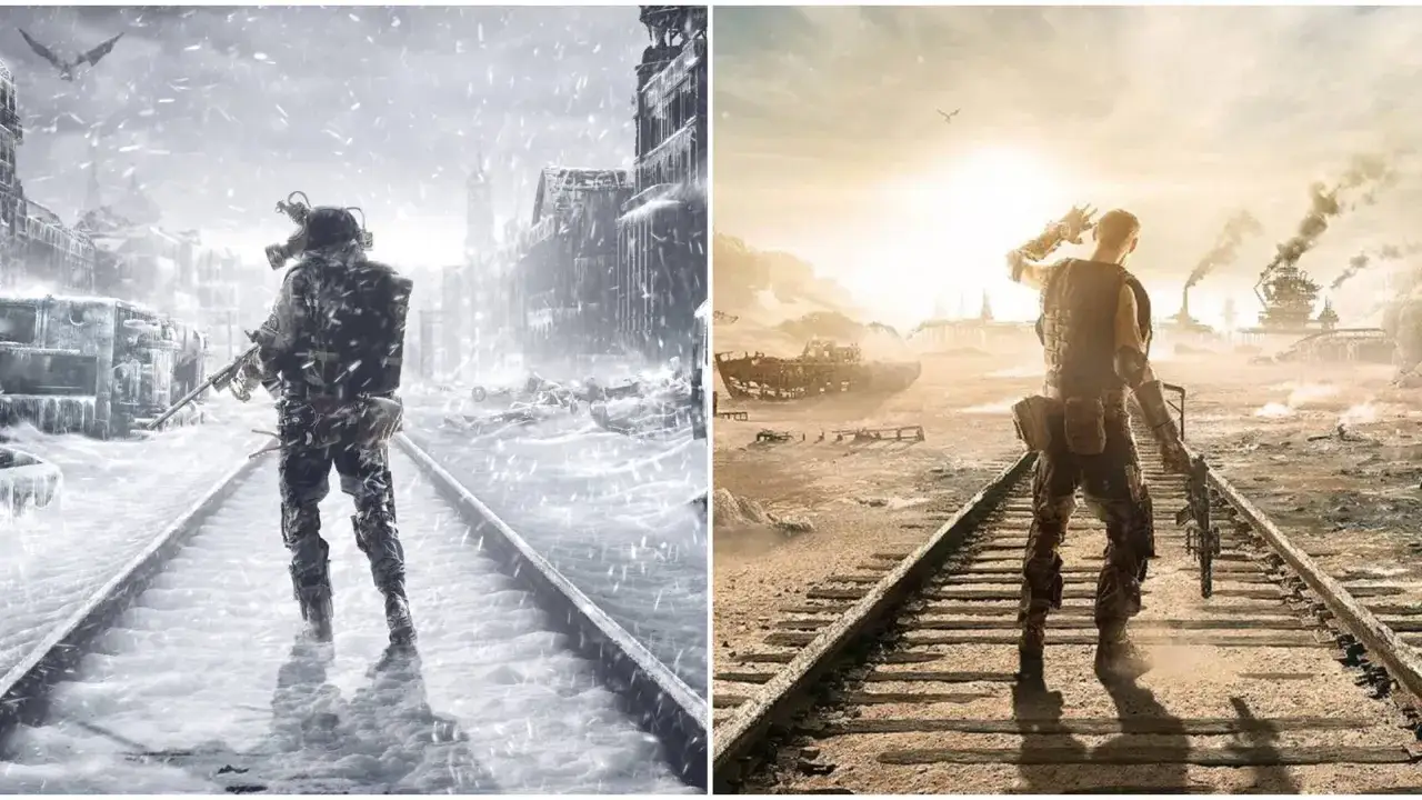 Dwie sceny z gry Metro Exodus: zimowy, śnieżny krajobraz z żołnierzem w masce gazowej i pustynny, spalony słońcem teren. Sprawdź metro exodus wymagania.