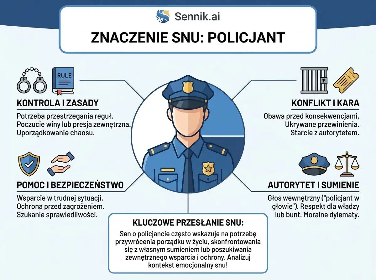 Sen o policjancie: kontrola, zasady, pomoc, konflikt, kara, autorytet i sumienie. Analizuj kontekst snu, by zrozumieć, co oznacza sen o policji.