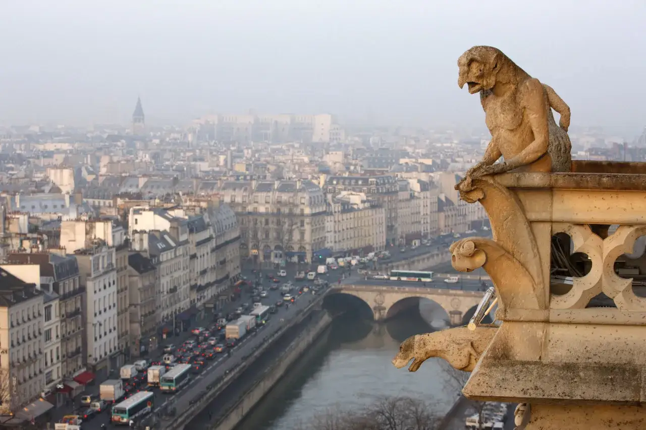 Une stryge de Notre-Dame veille sur Paris, dominant la ville et la Seine par temps brumeux.