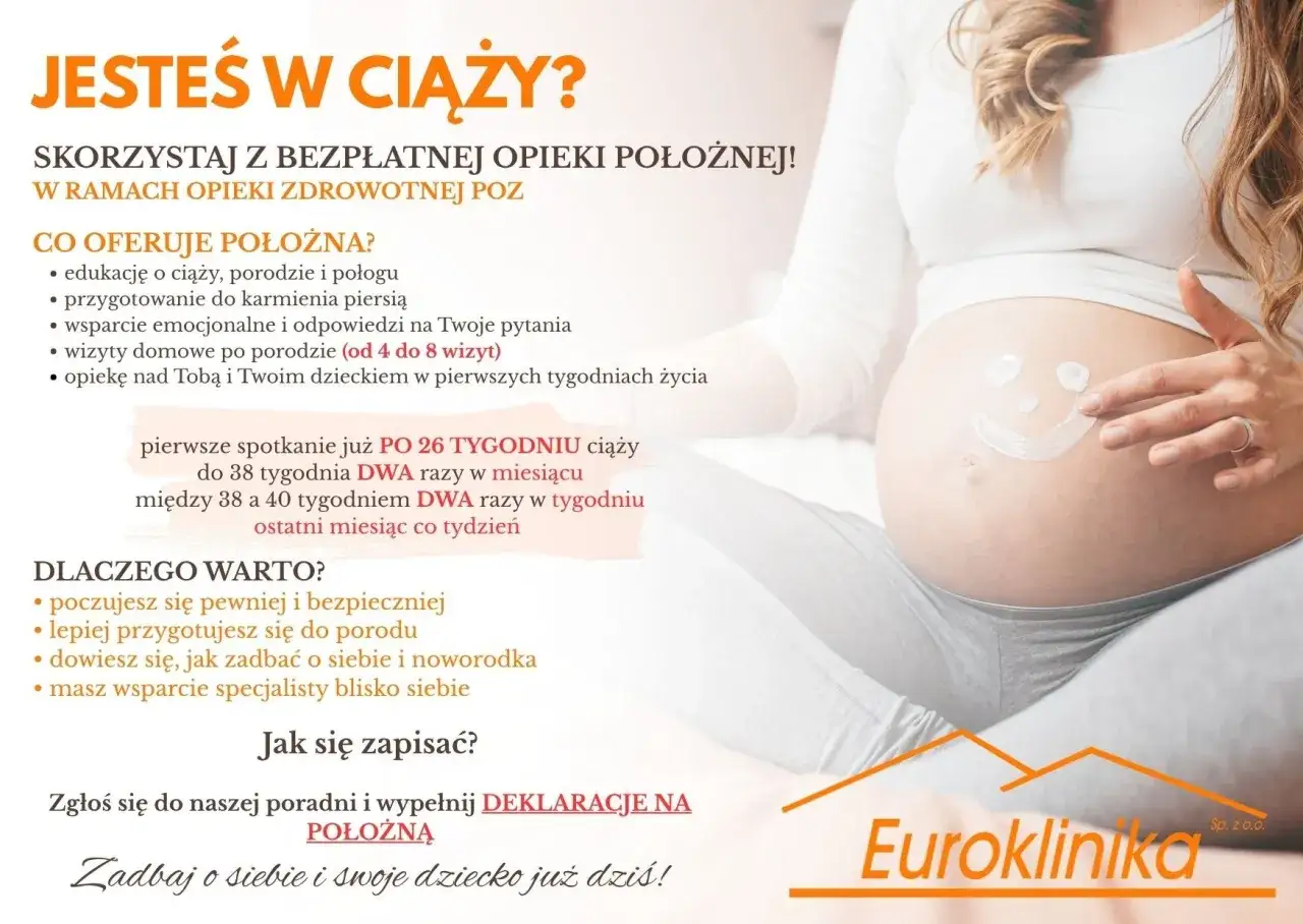 Ciężarna kobieta rysuje uśmiech na brzuchu. Oferta bezpłatnej opieki położnej, przygotowanie do karmienia piersią, wsparcie.