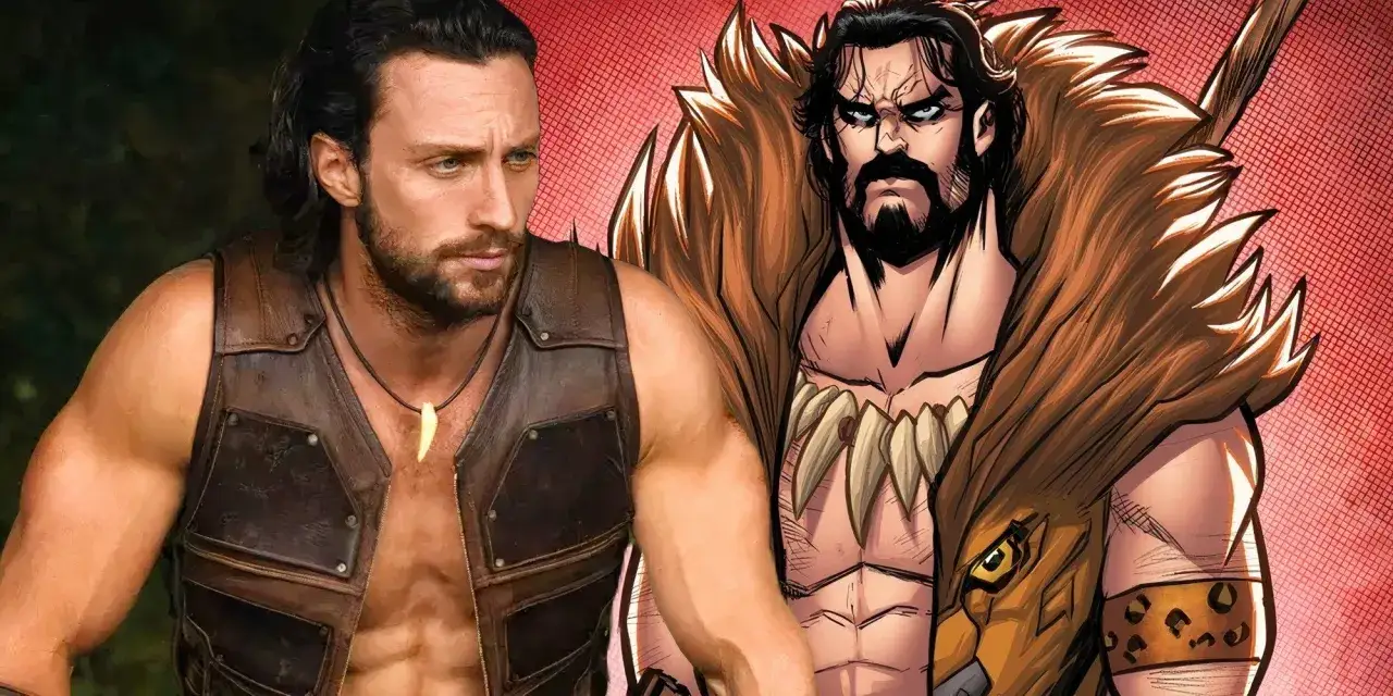 Aaron Taylor-Johnson als Kraven the Hunter, mit einem Comic-Portr&auml;t von Kraven, der einen Pelzkragen und eine Halskette aus Z&auml;hnen tr&auml;gt.