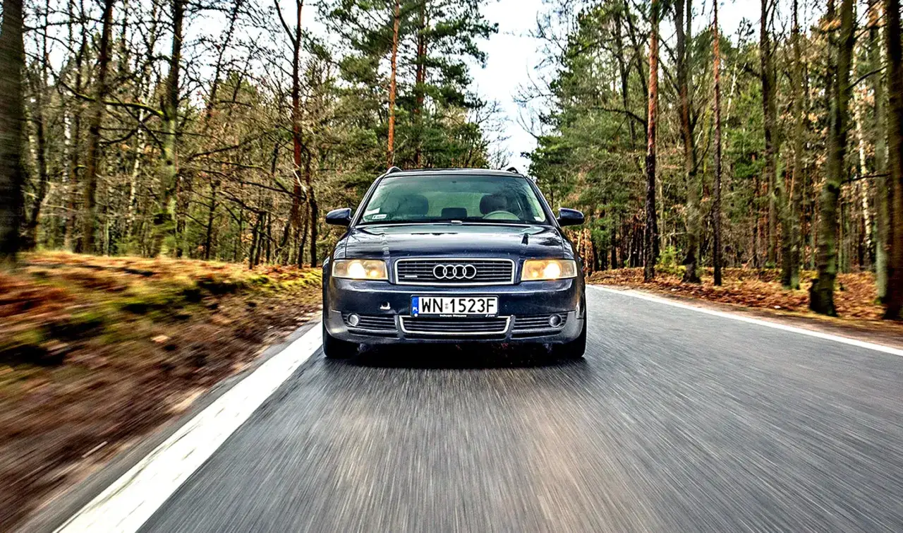 Ciemny granatowy Audi A4 B6 1.9 TDI 130KM jedzie leśną drogą.