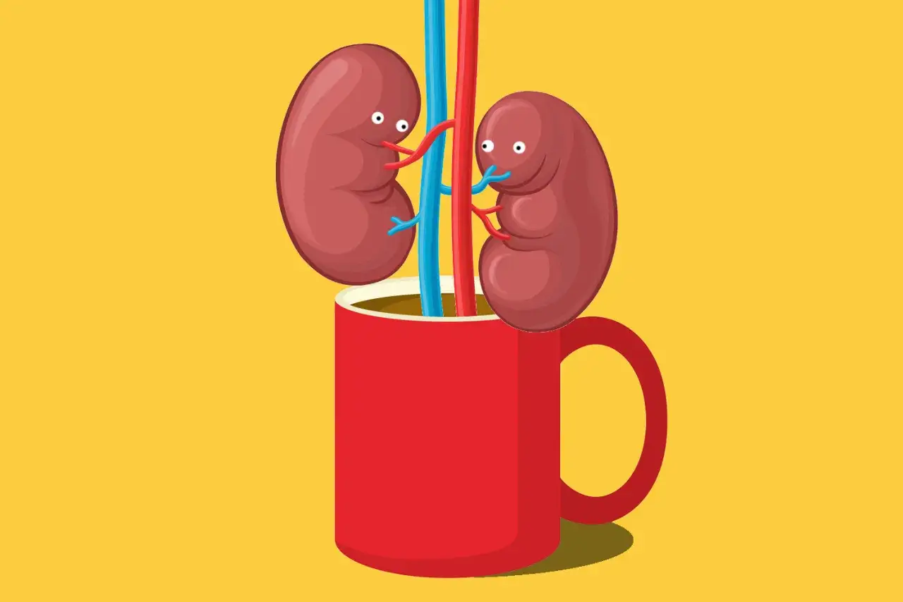 Dwa uśmiechnięte nerki w czerwonym kubku z kawą. Czy kawa szkodzi na nerki? Ilustracja sugeruje, że kawa może być problemem dla nerek.