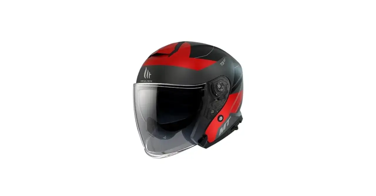 Casco jet negro y rojo, con visera transparente. Un ejemplo de los diversos tipos de cascos para motociclistas.