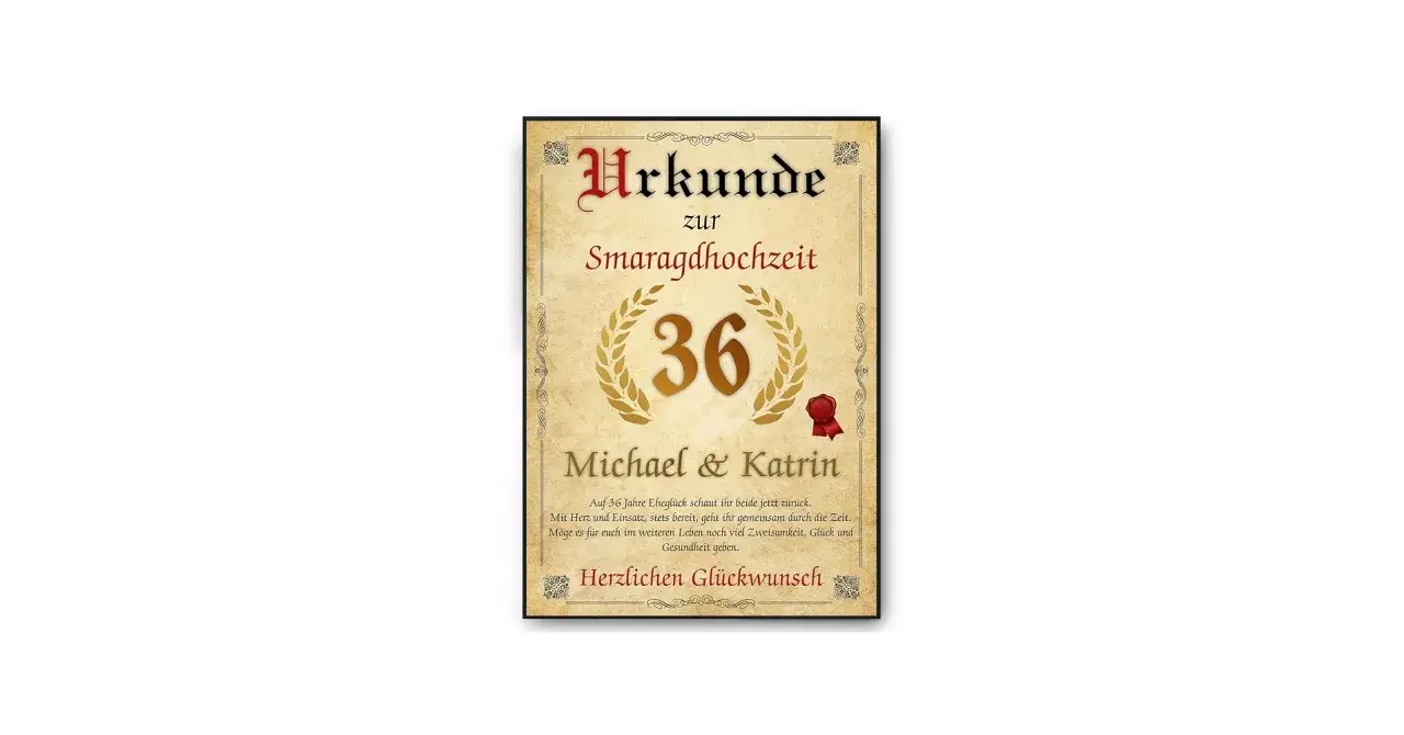 Urkunde zur Smaragdhochzeit von Michael & Katrin. Der 36 hochzeitstag bedeutungsvoll gefeiert. Herzlichen Gl&uuml;ckwunsch!