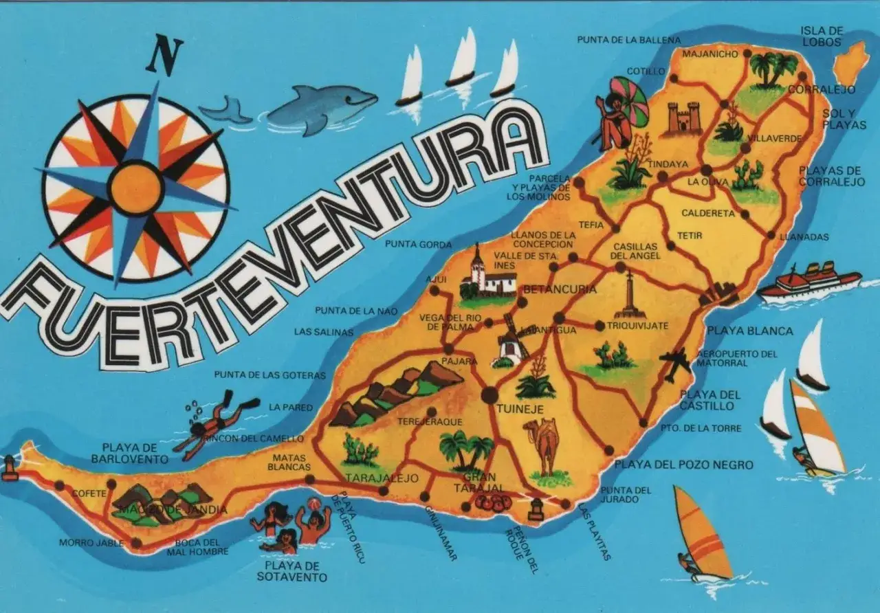 Karte von Fuerteventura mit Sehenswürdigkeiten und Stränden. Hier finden Sie viele **Fuerteventura Urlaub Tipps** für Ihre Reise.