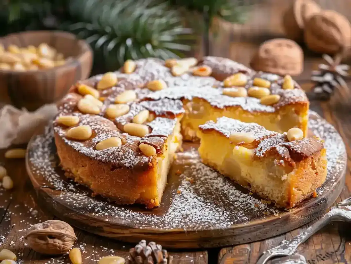 Eine köstliche Torta della Nonna, bestäubt mit Puderzucker und garniert mit Pinienkernen, auf einem rustikalen Holzbrett.