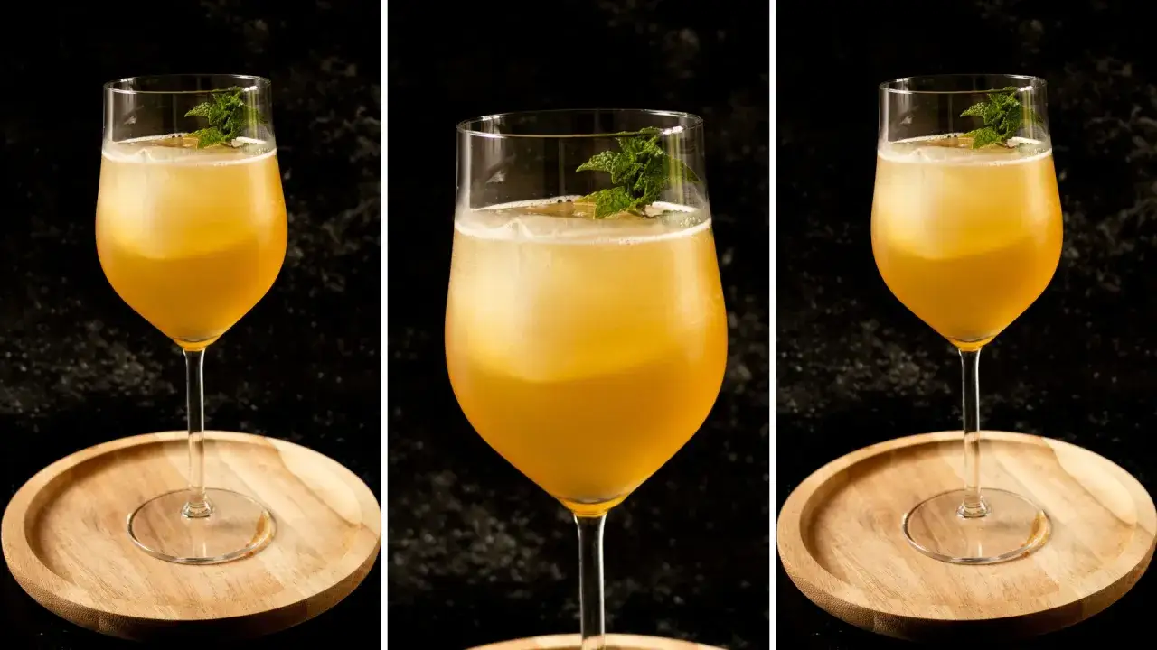 Orzeźwiający drink z whisky i miodem, ozdobiony listkami mięty, podany na drewnianej podstawce.