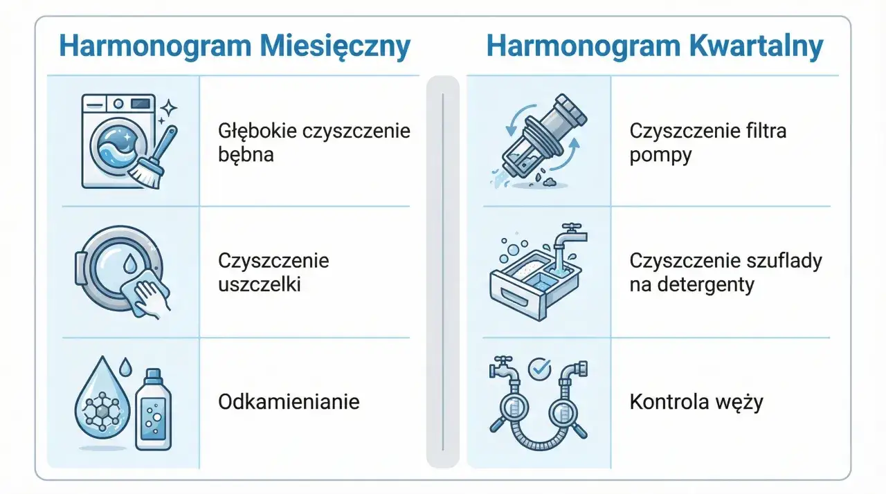 Harmonogramy konserwacji pralki: czyszczenie bębna, uszczelki (jak wyczyścić gumową uszczelkę w drzwiach pralki z czarnego nalotu), odkamienianie, filtra pompy, szuflady na detergenty i węży.