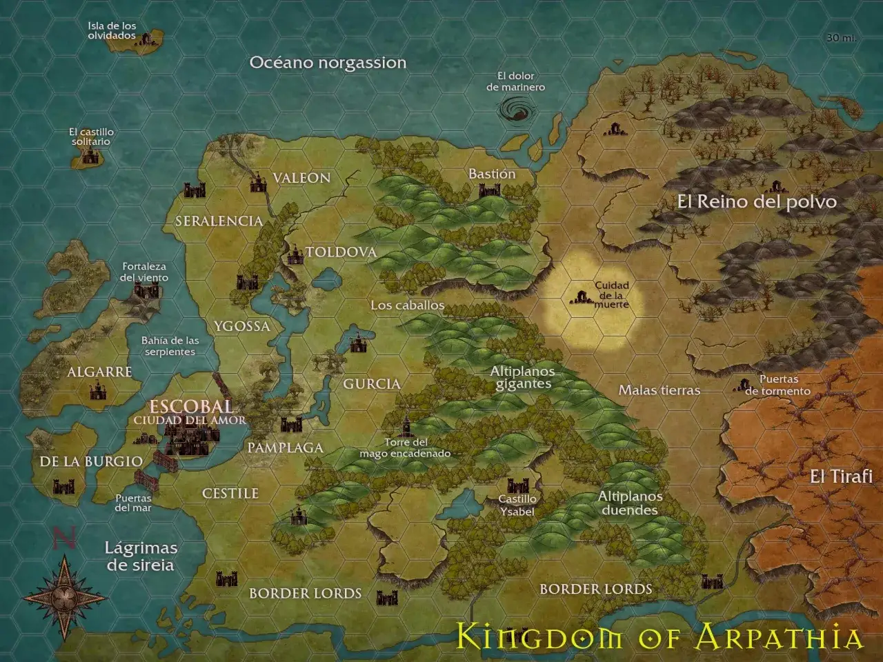 Carte du royaume imaginaire d'Arpathia, avec ses villes, châteaux, montagnes et océans.