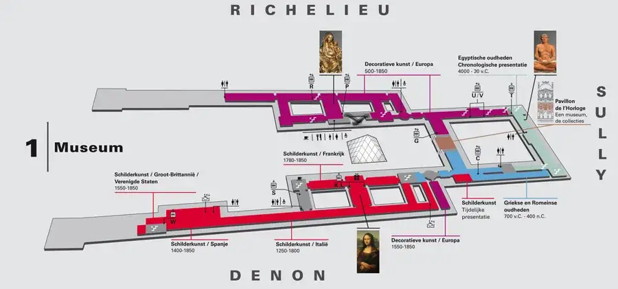 Karte der Fl&uuml;gel des Louvre Museums Denon Sully Richelieu