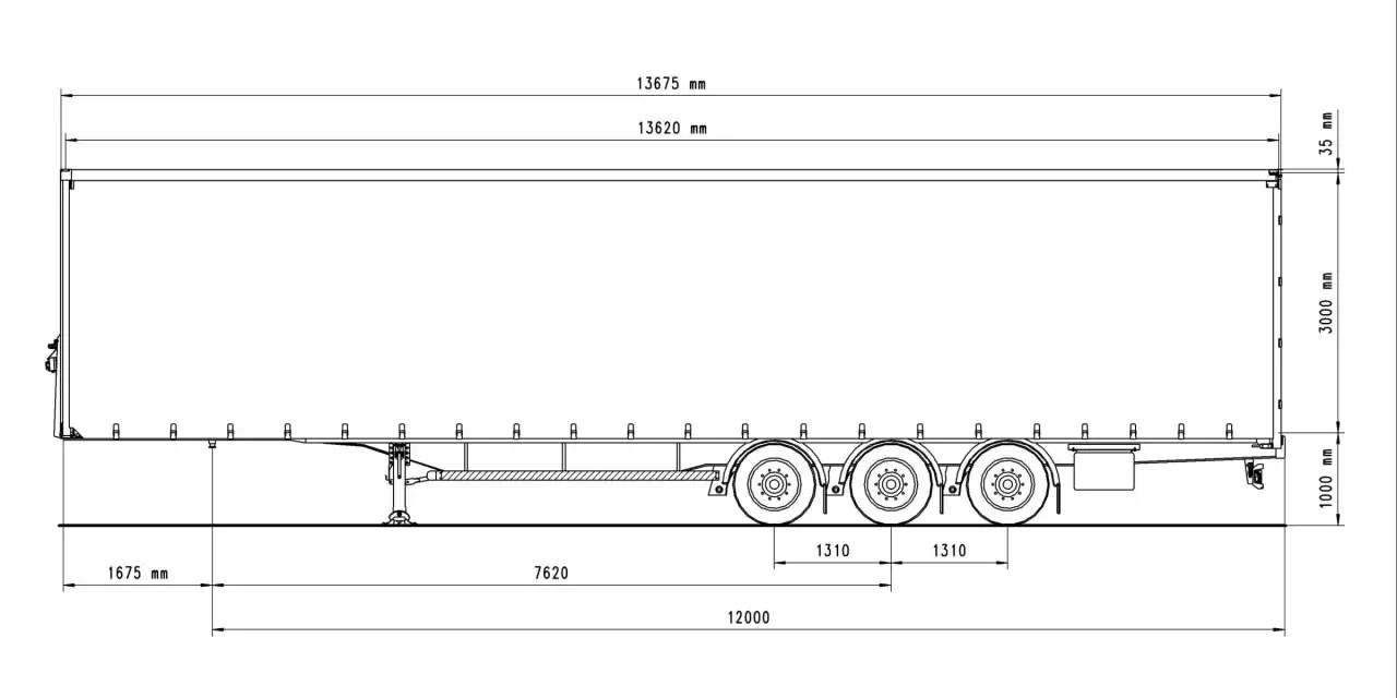 Schemat naczepy z wymiarami. Całkowita długość naczepy to 13675 mm, a jej wysokość 3000 mm.