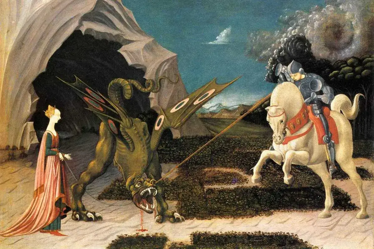 Un caballero en un caballo blanco lucha contra un drag&oacute;n verde, mientras una princesa observa. Un hermoso sant jordi dibujo.