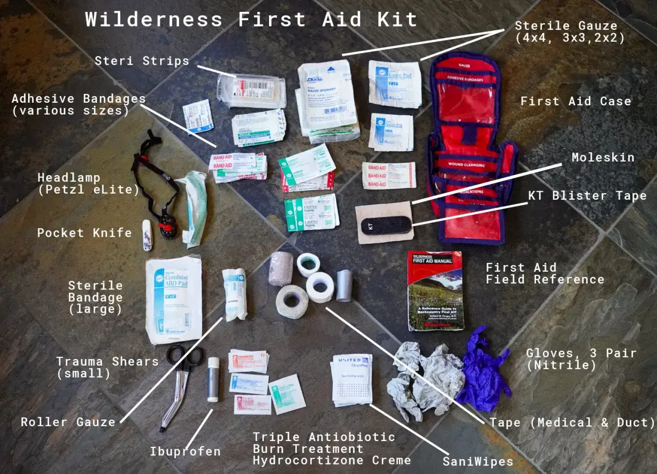 Une trousse de secours randonn&eacute;e liste compl&egrave;te : pansements, gaze, ciseaux, lampe frontale, couteau, m&eacute;dicaments, etc. pour parer &agrave; toute urgence.