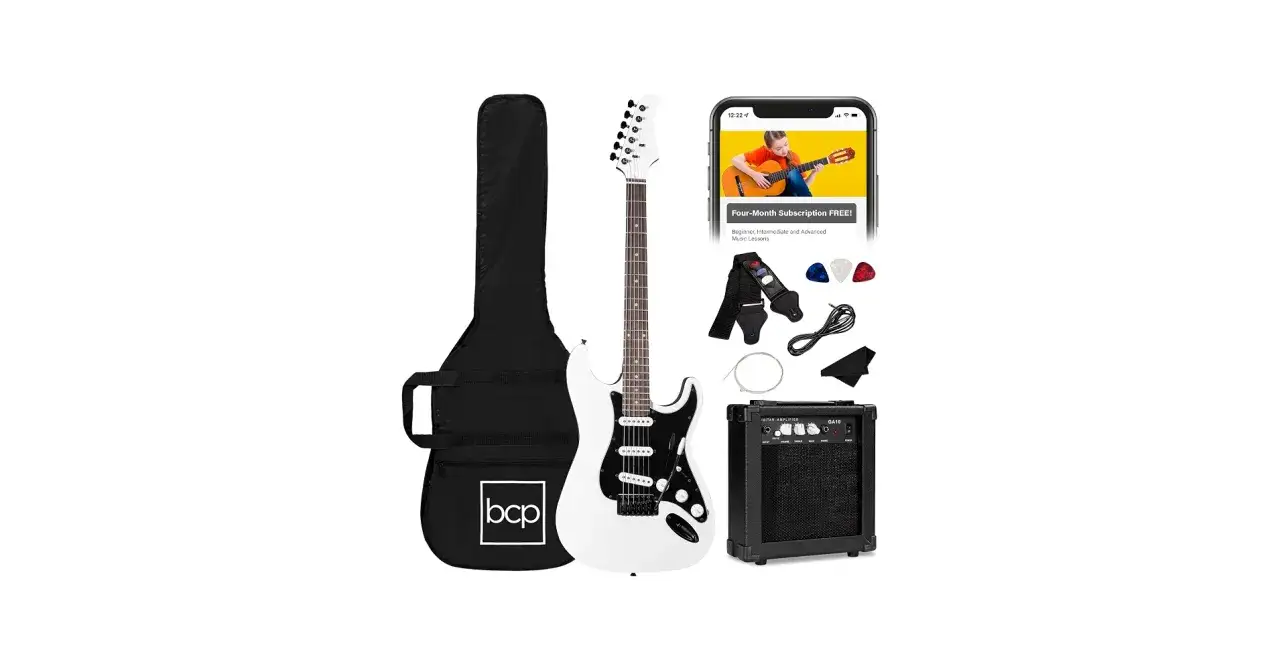 Zestaw do nauki gry na gitarze elektrycznej: biała gitara, wzmacniacz, pokrowiec, pasek, kostki, kabel i lekcje online.