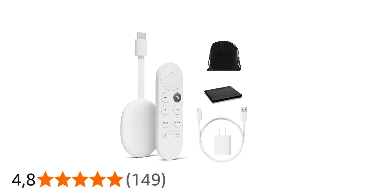Vit Chromecast med HDMI-fj&auml;rrkontroll, laddningskabel, adapter, tygp&aring;se och reng&ouml;ringsduk.