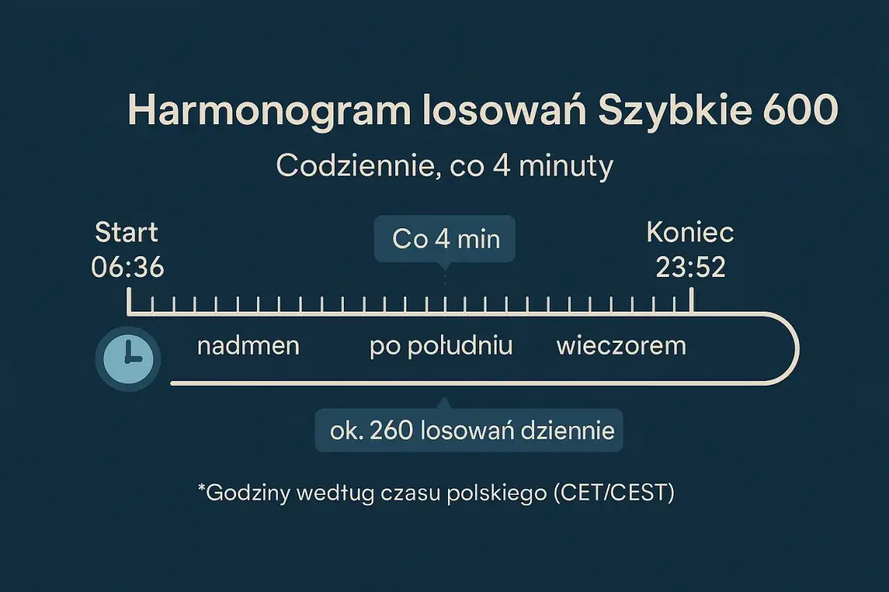 Harmonogram losowań Szybkie 600: start 06:36, koniec 23:52, co 4 min. Ok. 260 losowań dziennie. Najczęściej padające liczby w szybkie 600? Sprawdź harmonogram!