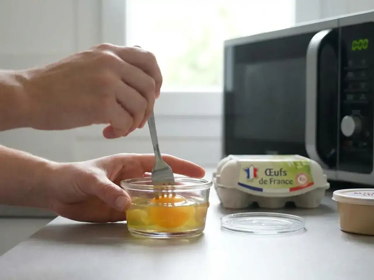Un &oelig;uf est battu dans un petit bol en verre, pr&ecirc;t &agrave; &ecirc;tre cuit au micro-ondes. Attention, l'&oelig;uf micro-onde danger est r&eacute;el !
