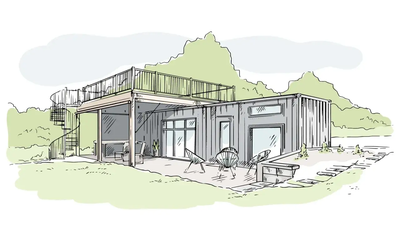 Esquisse d'une maison moderne en conteneurs avec terrasse et escalier en colimaçon. Un projet de construction maison container prometteur.