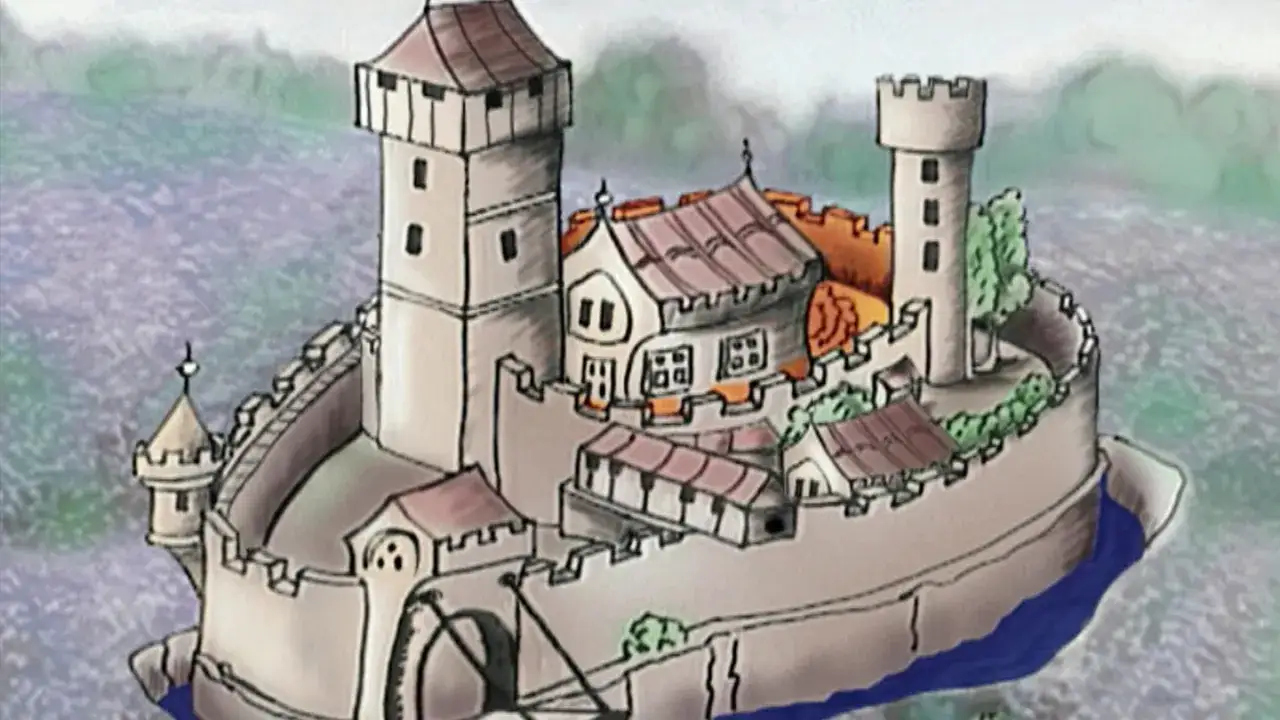 Eine mittelalterliche Burg mit Türmen und Mauern, die auf dem Wasser schwimmt. Sie erinnert an eine Grundschule, die für ein Geschichtsprojekt gebaut wurde.