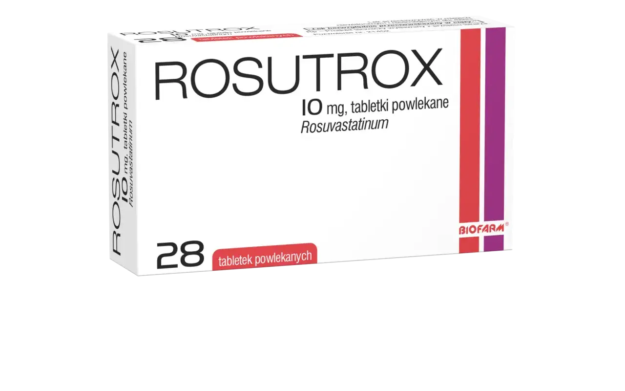 Opakowanie leku ROSUTROX 10 mg, zawierające 28 tabletek powlekanych z rosuwastatyną.