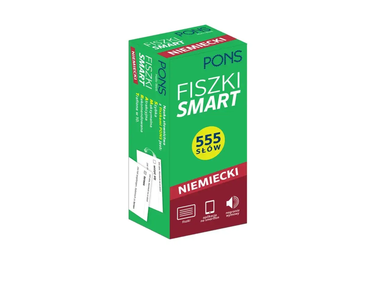 Fiszki PONS SMART NIEMIECKI: 555 słów, aplikacja na smartfon i nagrania wymowy. Nauka słownictwa z fiszkami PONS jest szybka i atrakcyjna.