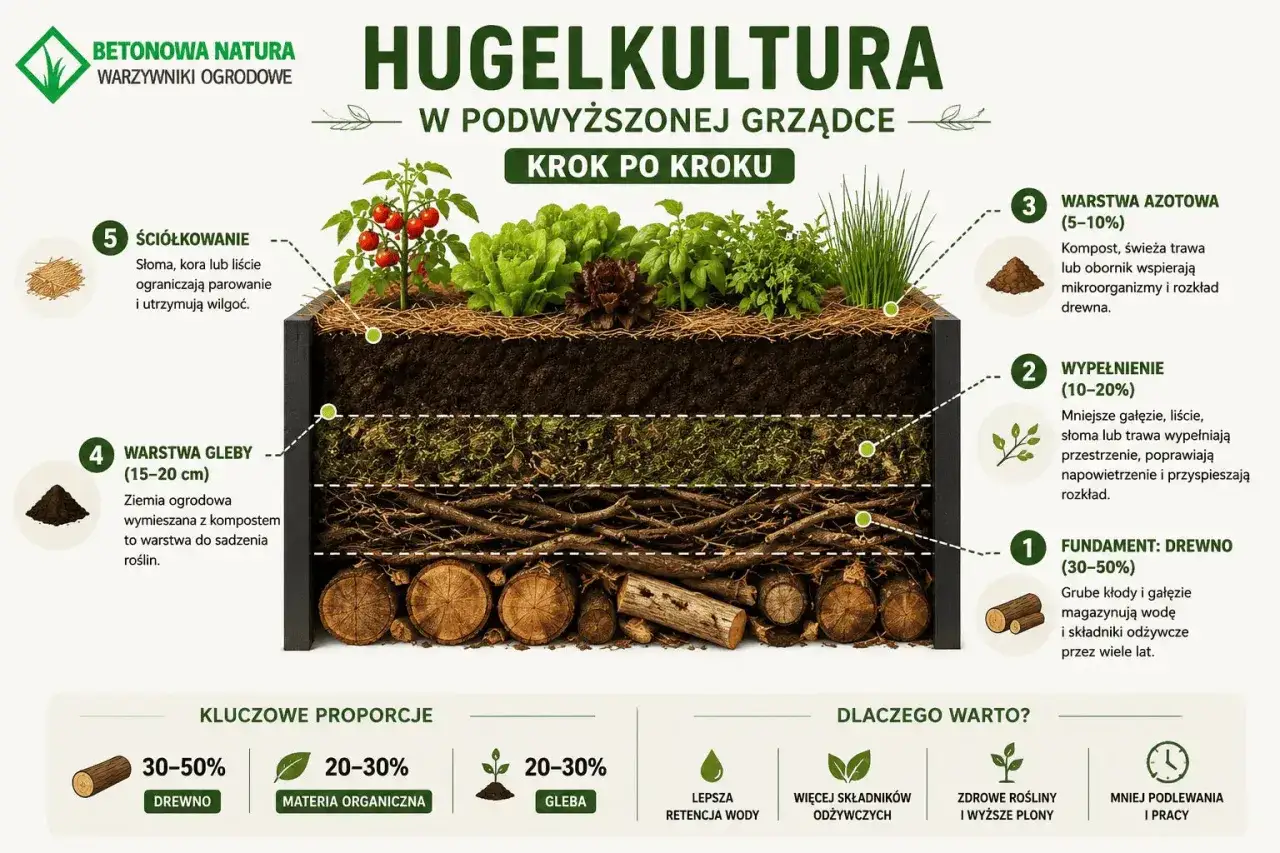 Przekrój grządki podwyższonej typu hugelkultur: fundament z drewna, wypełnienie, warstwa azotowa, gleba i ściółkowanie. Rośliny rosną bujnie.