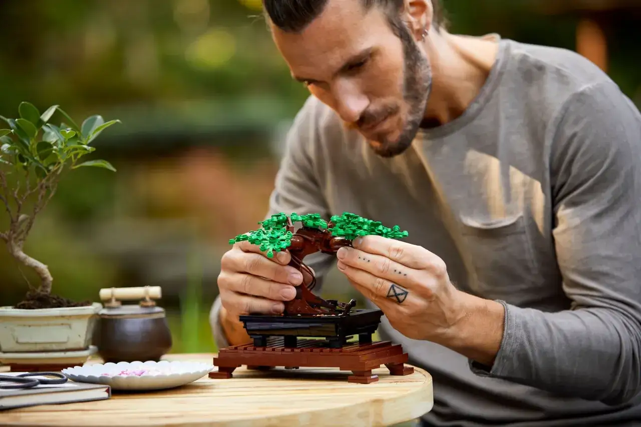 Mann baut einen LEGO Bonsai. Die Anleitung liegt neben dem fertigen Modell.