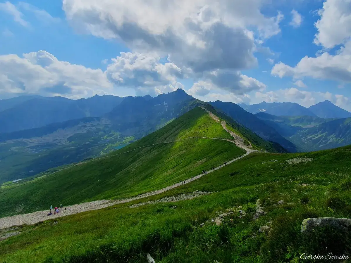 Malownicza trasa z Kasprowego Wierchu, gdzie zielone zbocza i skaliste szlaki tworzą łatwe zejście. Turyści podziwiają rozległe panoramy Tatr.
